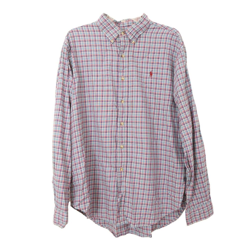 RALPH LAUREN Men's Classic Fit Knit Button Up Long Sleeve Shirt XL Plaid Logo A3